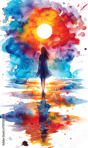 The silhouette of a beautiful girl in a dress on the background of the sun.