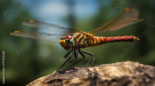 A dragonfly perched on a tree branch, very close photo