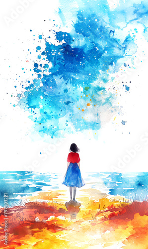 Watercolor illustration of a girl in a blue dress on the beach.