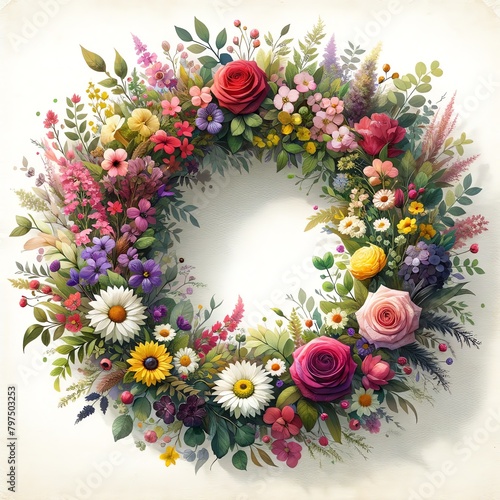 Watercolor painting of a beautiful flowers wreath