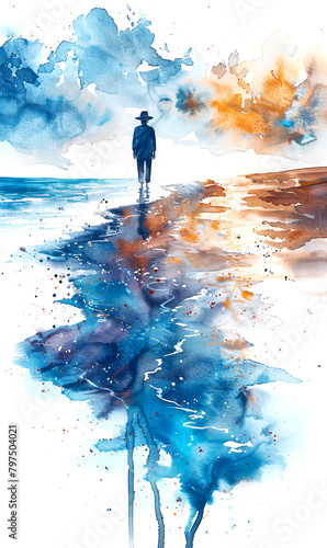 Watercolor illustration of a man walking on the beach.