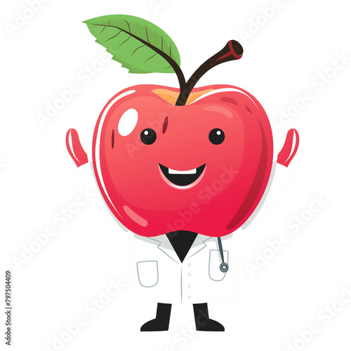 A cartoon apple wearing a doctor coat and stethoscope is smiling isolated on white background