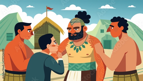 In a traditional Maori village in New Zealand men gather to perform a Moko or facial tattooing which they believe enhances their natural beauty and.