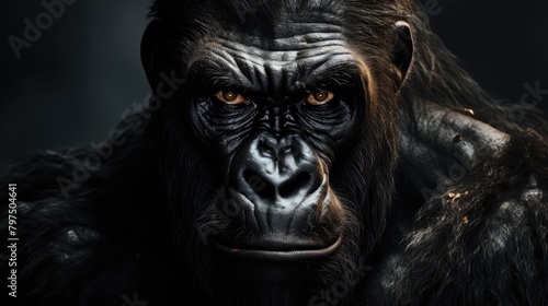 a portrait wise and gentle gorilla, emphasizing its expressive eyes and powerful physique © Horsi