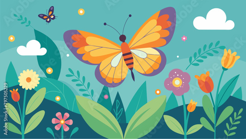 A peaceful stillness envelops the butterfly garden broken only by the faint whispers shared between a butterfly and a bumblebee.. Vector illustration