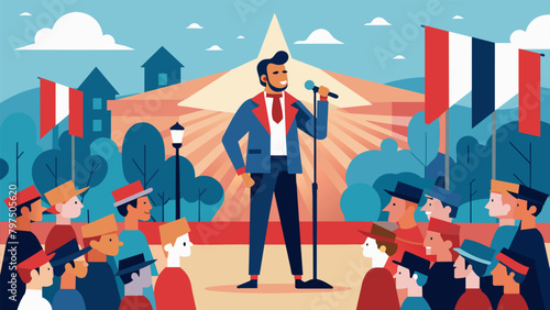 As the parade comes to a halt in the town square a soloist steps up to the microphone and delivers a powerful rendition of a patriotic poem moving the. Vector illustration