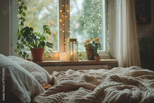 cozy Scandinavian bedroom interior in natural tones, blanket lantern houseplants