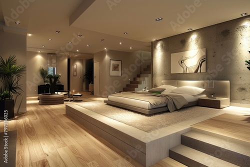 Cozy room interior with comfortable bed. Modern house design