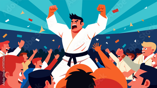 The crowd erupts in cheers as a competitor lands a perfectly timed and exeed strike in a highstakes kumite tournament.