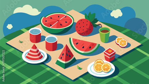 A picnic blanket spread out with platters of fresh fruit and slices of watermelon a refreshing and healthy addition to the cookout menu.. Vector illustration