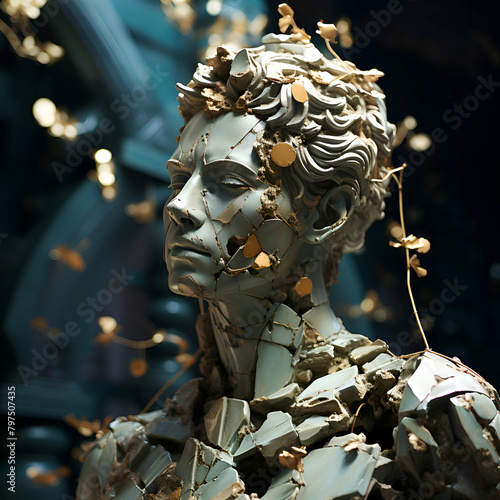 Statue of a woman with gold and copper jewelry. close up