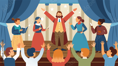 A group of actors recreating the proclamation of freedom on a stage with audience members eagerly watching and cheering.. Vector illustration