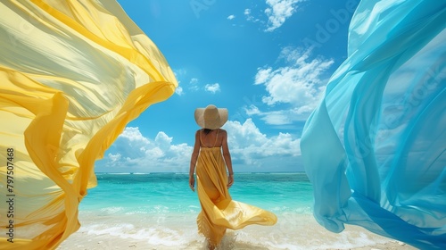 women with hat walks on the beach  surrounded by large blue  yellow  and yellow fabric