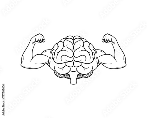 Brain shows biceps line art, brain power of intellect.