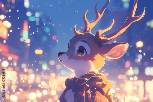 Cute cartoon deer with colorful city lights in the background