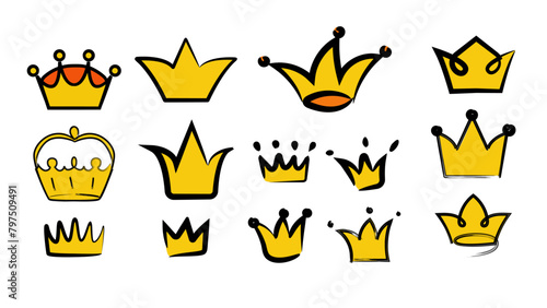 Doodle king crown collection isolated on transparent background. Sketchy or graffity stylized royal diadem set. Vector design elements.