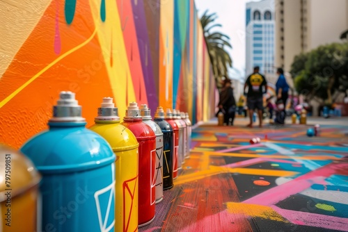 Colorful Street Art Creation in Progress, Spray Paint Cans in Foreground, City Environment - Artistic Expression, Urban Revitalization, Youth Culture photo