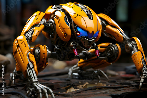 Close up of Bumblebee robot in a garage