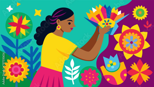 A woman delicately glues brightlycolored paper outs onto a larger collage inspired by the Mexican folk art of papel picado.