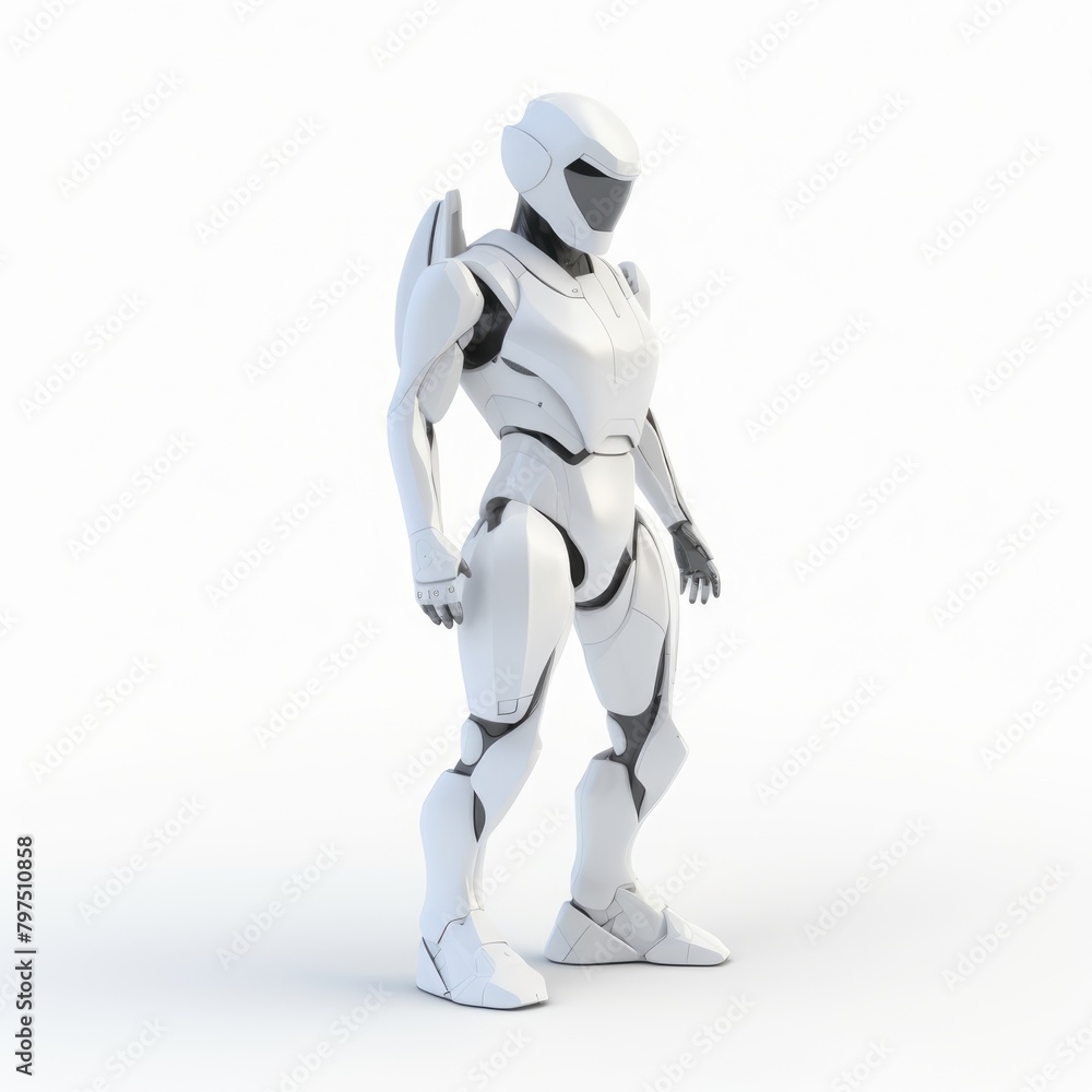A portrait minimalist 3D character in Notion style, with a futuristic outfit and robotic features, standing on a white background A portrait minimalist 3D character in Notion style, with a futuristic outfit and robotic features, standing on a white background