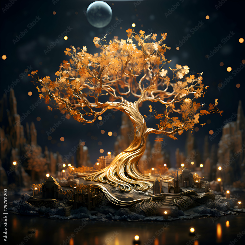 3d illustration of fantasy landscape with golden tree. planet and moon - obrazy, fototapety, plakaty 