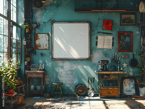Industrial Ambiance: White Frame Mockup Amid Cluttered Kitchen Tools photo