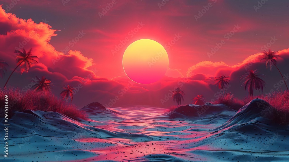 Fototapeta premium A beautiful sunset over a beach with palm trees.