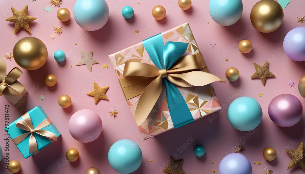 A top view illustration of pastel-colored and golden balls, stars, and a gift box arranged in a flat lay style A top view illustration of pastel-colored and golden balls, stars, and a gift box arranged in a flat lay style