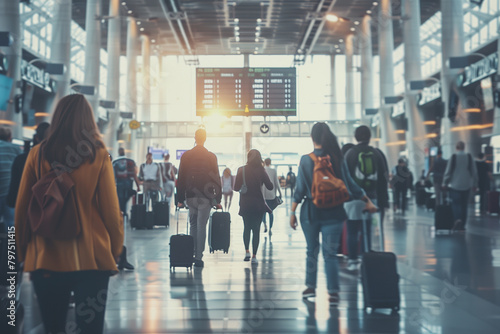 Back view of passengers and traveling luggage walking in the airport terminal. Travel and lifestyle concept for travel agency, posters, and airport services advertisement. 