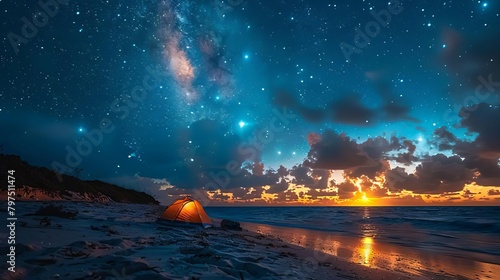 A beautiful starry night sky over a beach with a tent on the sand.