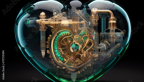 a steampunk heart made of gears and cogs in a glass container with a black background.