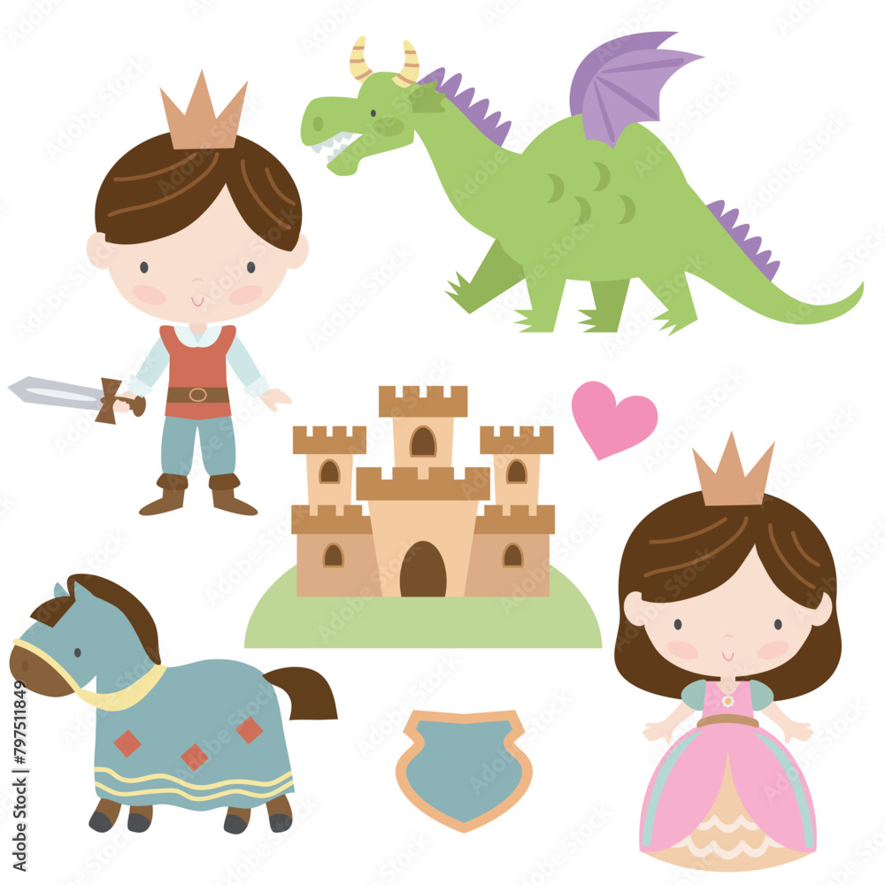 Fototapeta premium Cute medieval princess, prince and dragon set vector cartoon illustration