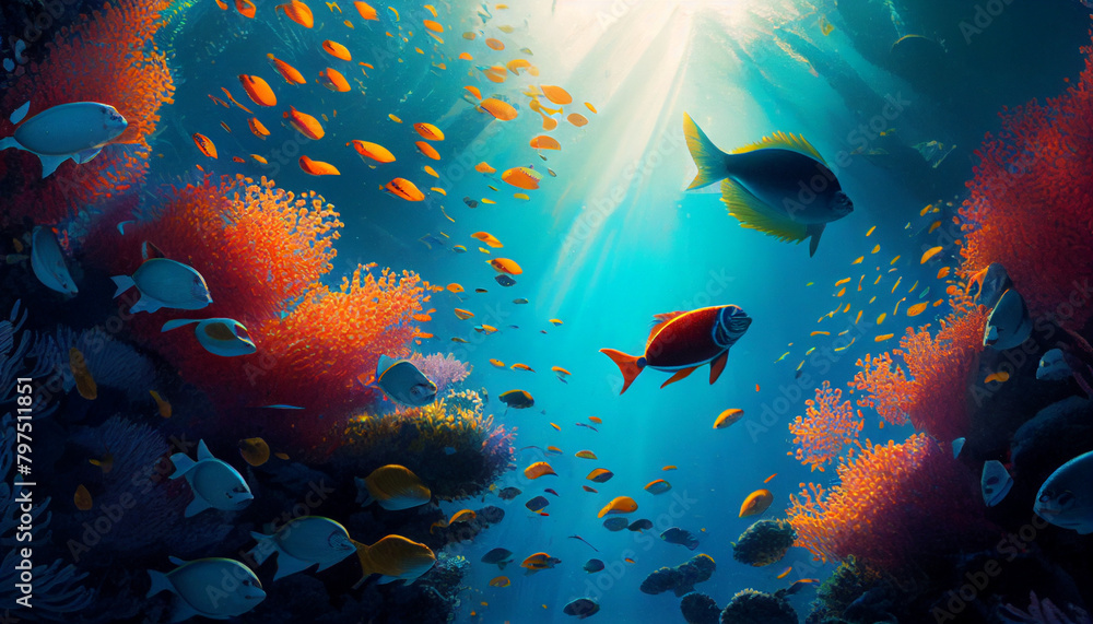  a painting of a coral reef. There are many different types of fish swimming around the reef. The water is a deep blue color and the sun is shining through the water.