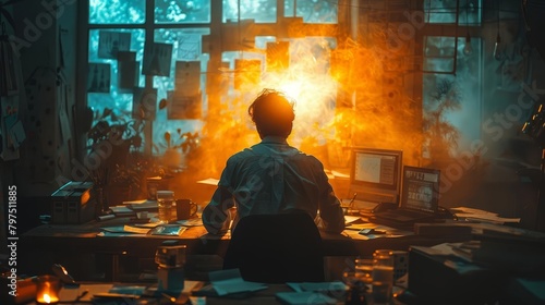 A man sits at his desk, illuminated by the bright light of his computer screen. He is surrounded by papers and files, and has a look of determination on his face.