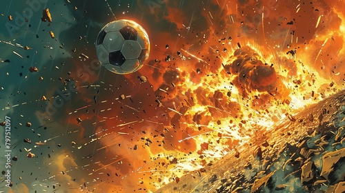 A soccer ball flies through a fiery explosion. photo