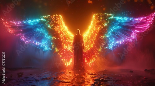 An epic painting of an angel with rainbow wings standing in a dark void.