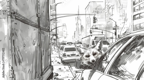 An ink sketch of a fox peeking out from behind a dumpster surrounded by bustling city traffic..