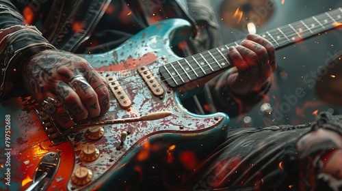 Rockstar playing the guitar on fire stage photo