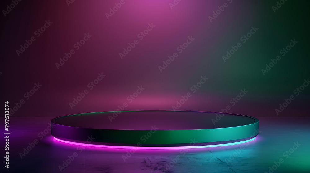 A podium with a green and purple gradient background. light coming from the right side of the stage. The circular platform is empty A podium with a green and purple gradient background. light coming from the right side of the stage. The circular platform is empty