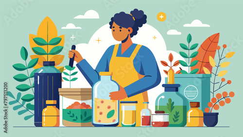 A person making their own cleaning products with natural ingredients and storing them in glass bottles.