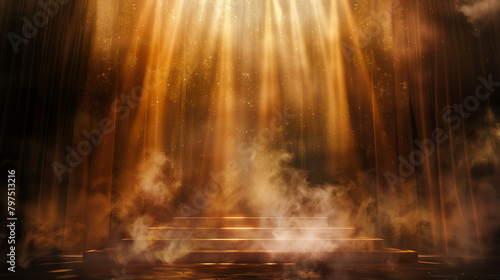a stage bathed in golden spotlight effects, with a dark atmospheric backdrop punctuated by wisps of smoke and mist. 