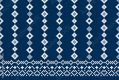 Pixel ethnic pattern, Vector embroidery pattern background, Geometric traditional triangle style, Blue and orange pattern knitting vintage, Design for textile, fabric, batik, kaftan, fibres