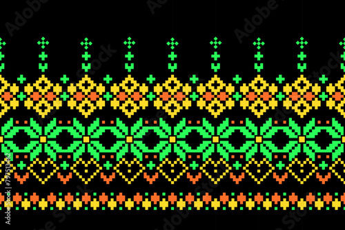 Pixel ethnic pattern, Vector embroidery pattern background, Geometric traditional triangle style, Blue and orange pattern knitting vintage, Design for textile, fabric, batik, kaftan, fibres