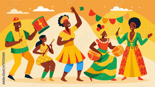 Traditional African music fills the air as performers in brightly colored clothing put on a show honoring their heritage on Juneteenth.. Vector illustration