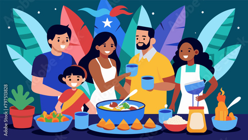 A vibrant Puerto Rican celebration where the whole family is involved in preparing a mouthwatering feast of arroz con gandules pernil and