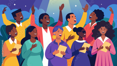 The vibrant energy of a gospel choir filling the air at a Juneteenth celebration lifting spirits and inspiring hearts.. Vector illustration