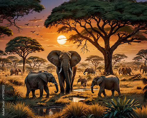 Elephant herd in the African savannah
