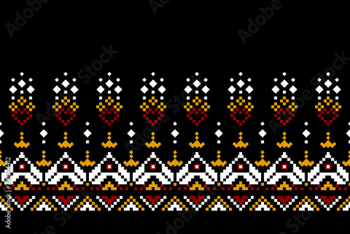 Pixel ethnic pattern, Vector embroidery pattern background, Geometric traditional triangle style, Blue and orange pattern knitting vintage, Design for textile, fabric, batik, kaftan, fibres