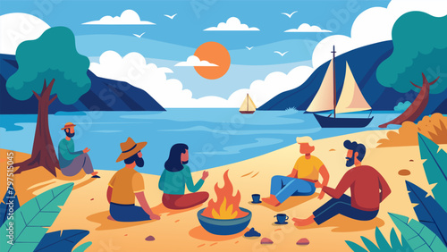 As they anchor in a peaceful cove the friends sit around a crackling fire on the beach trading stories of nearmisses and unexpected encounters on the. Vector illustration