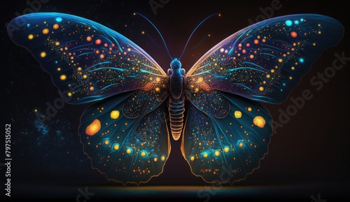 A closeup neon butterfly with intricate, glowing wings, set against a starry sky, AI Generative © Horsi